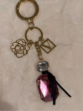 PINK Victoria's Secret Gold Tone Keyring with Pink Gem & Clear Accent